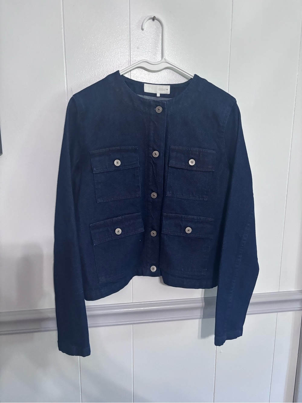 Zara Navy Collarless Denim Jacket with Button Patch Pockets